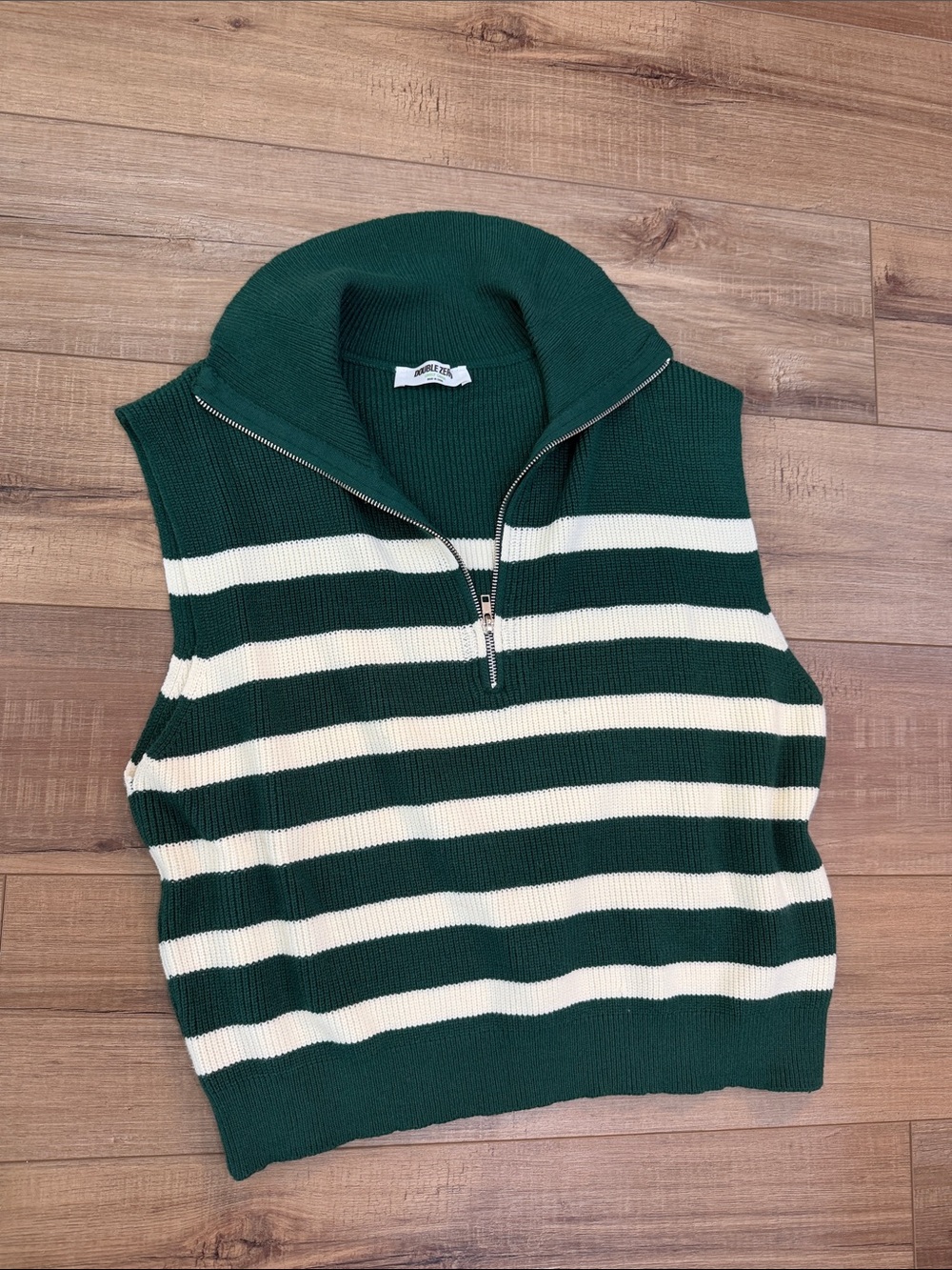 Double Zero Green and Cream Striped Sleeveless Zip Collar Sweater Vest